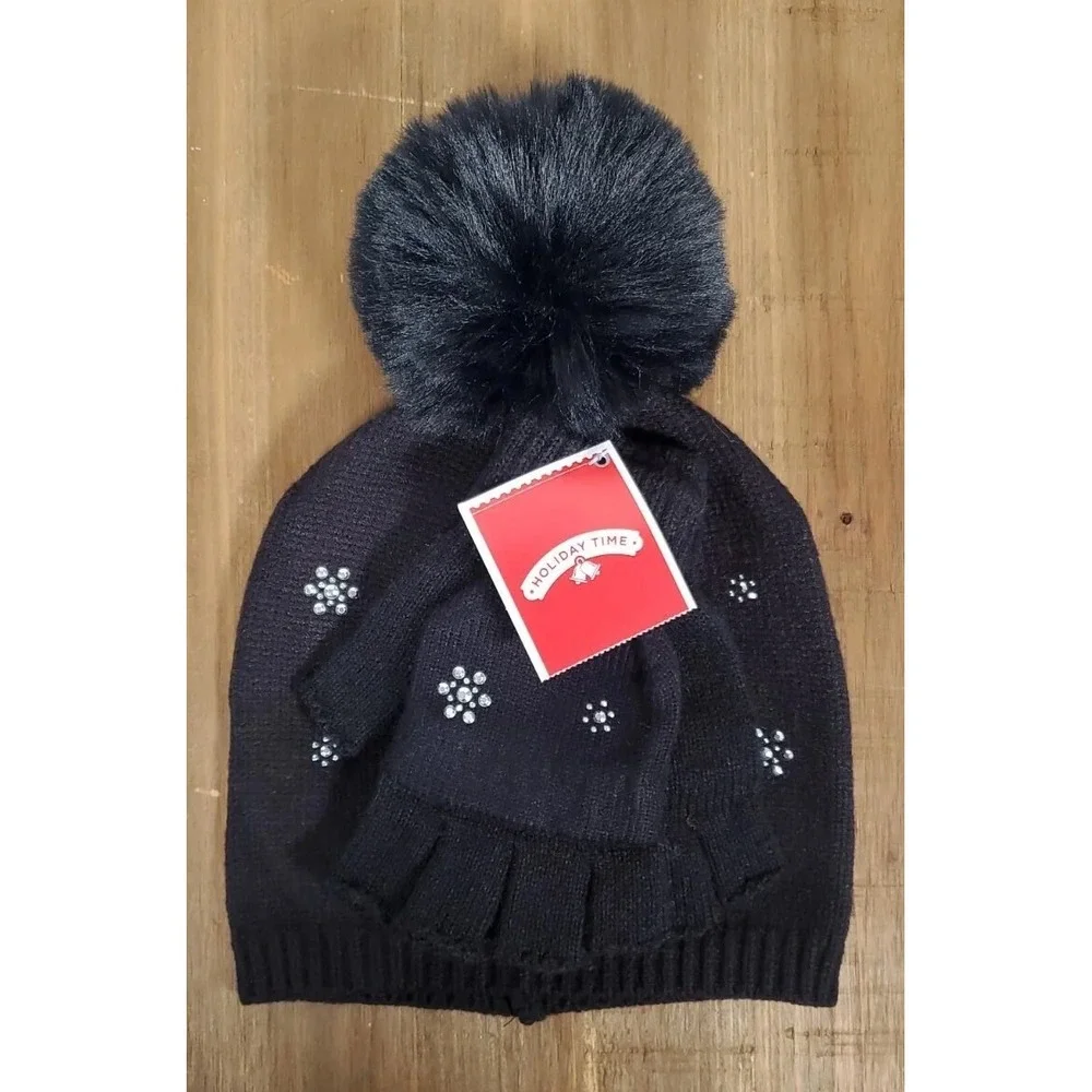 Rhinestone Snowflake Hat & Gloves Set - Black Open Finger Texting Women's NEW